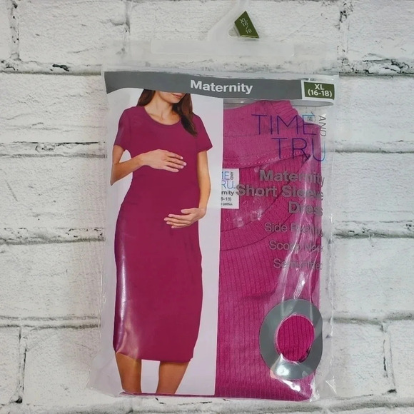 Pink/Fuchsia Womens Maternity Dress Short Sleeve, Side Rouching, Scoop Neck - Picture 3 of 6